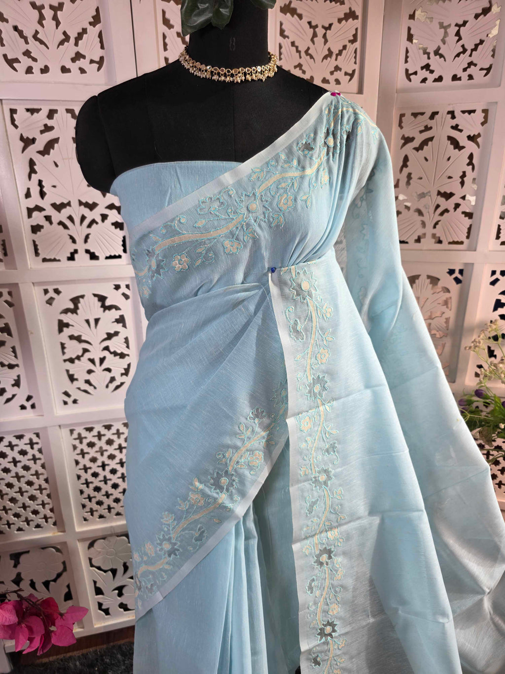 semi linen cotton saree with applique work embroidery with floral bel design border