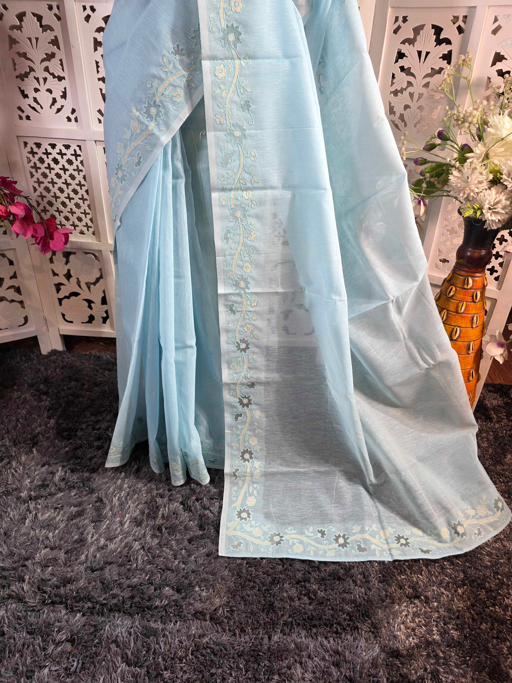 semi linen cotton saree with applique work embroidery with floral bel design border