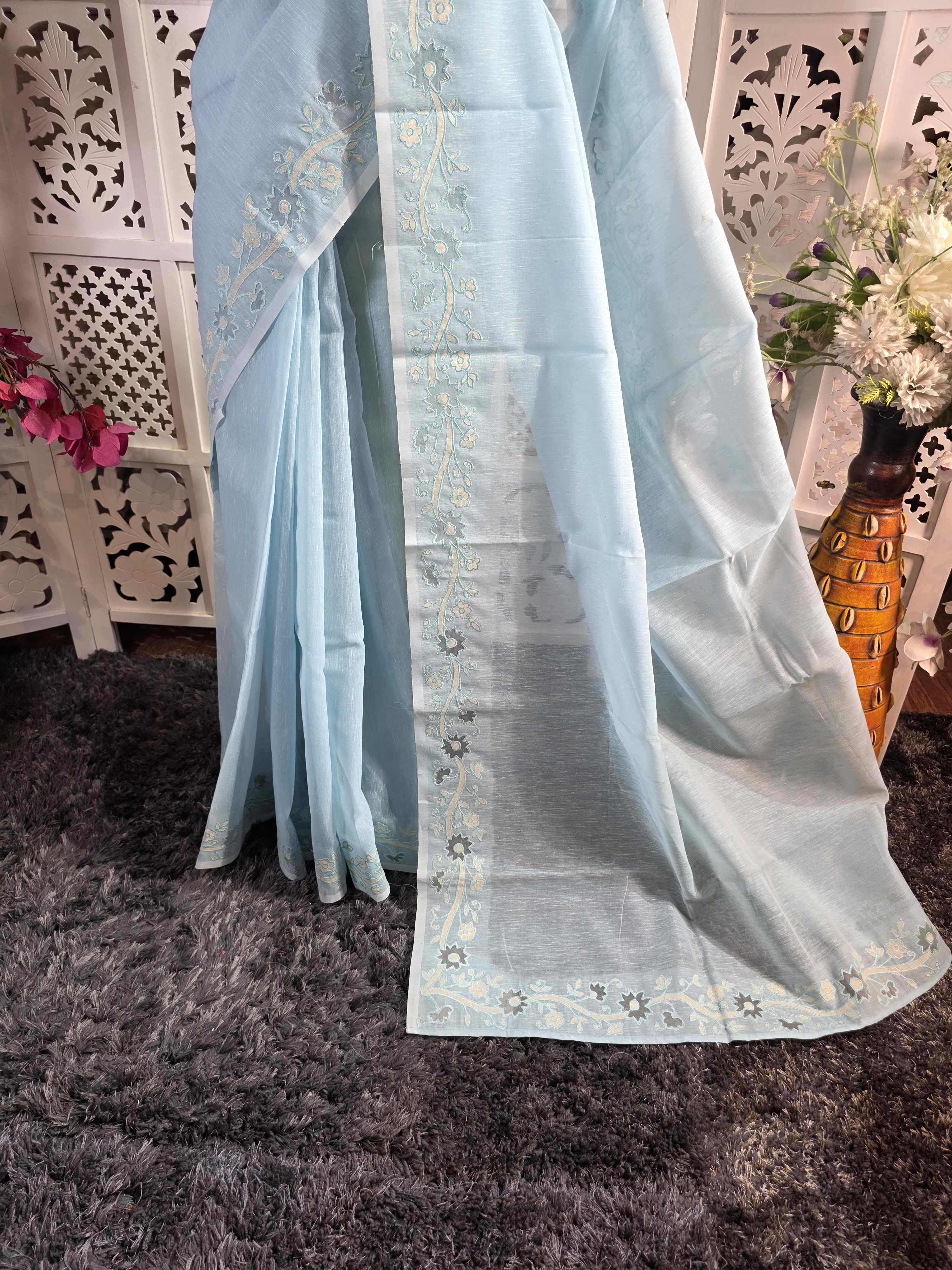 semi linen cotton saree with applique work embroidery with floral bel design border