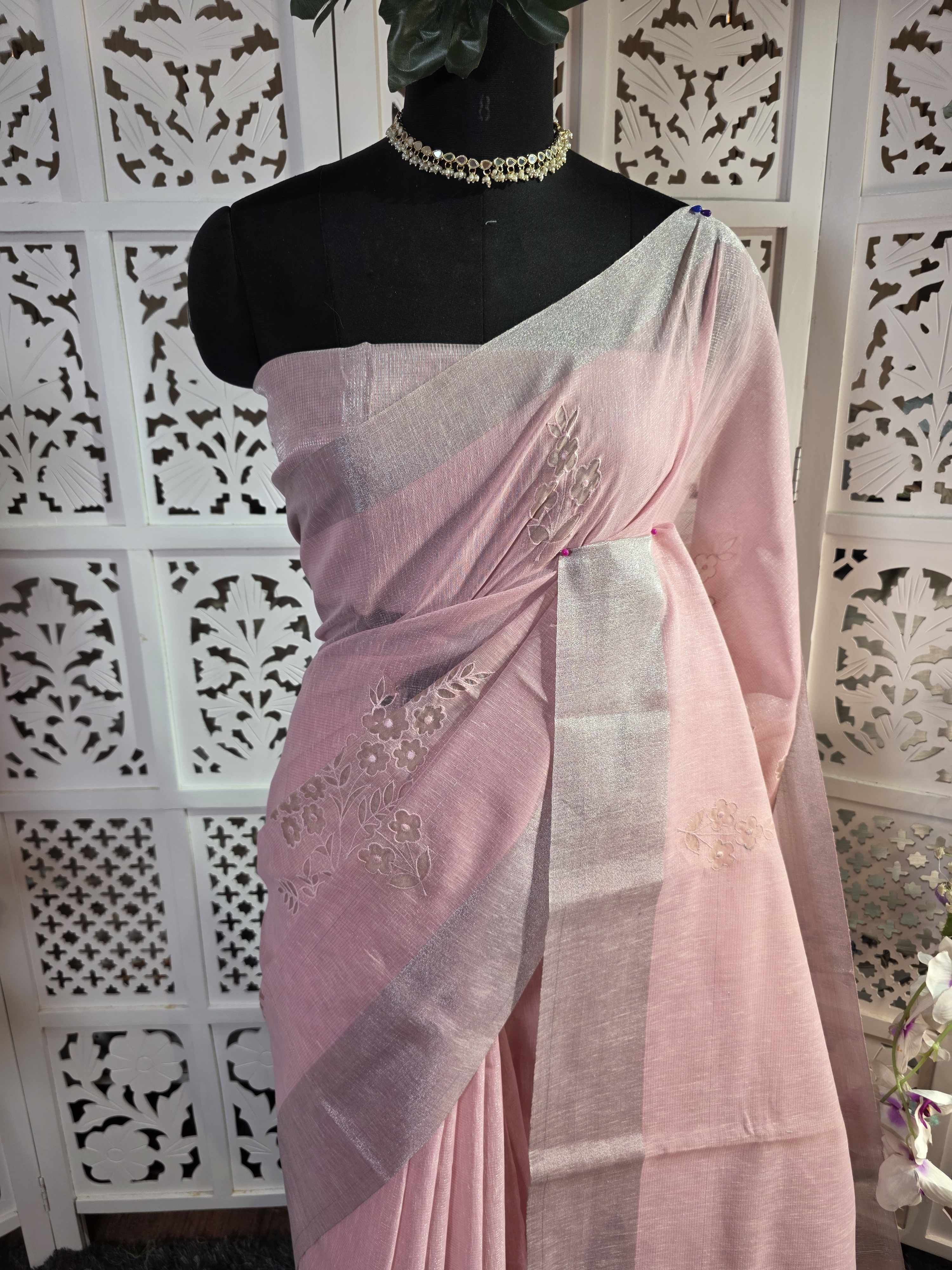linen cotton zari border saree with organza floral applique work embroidery with silver cording work