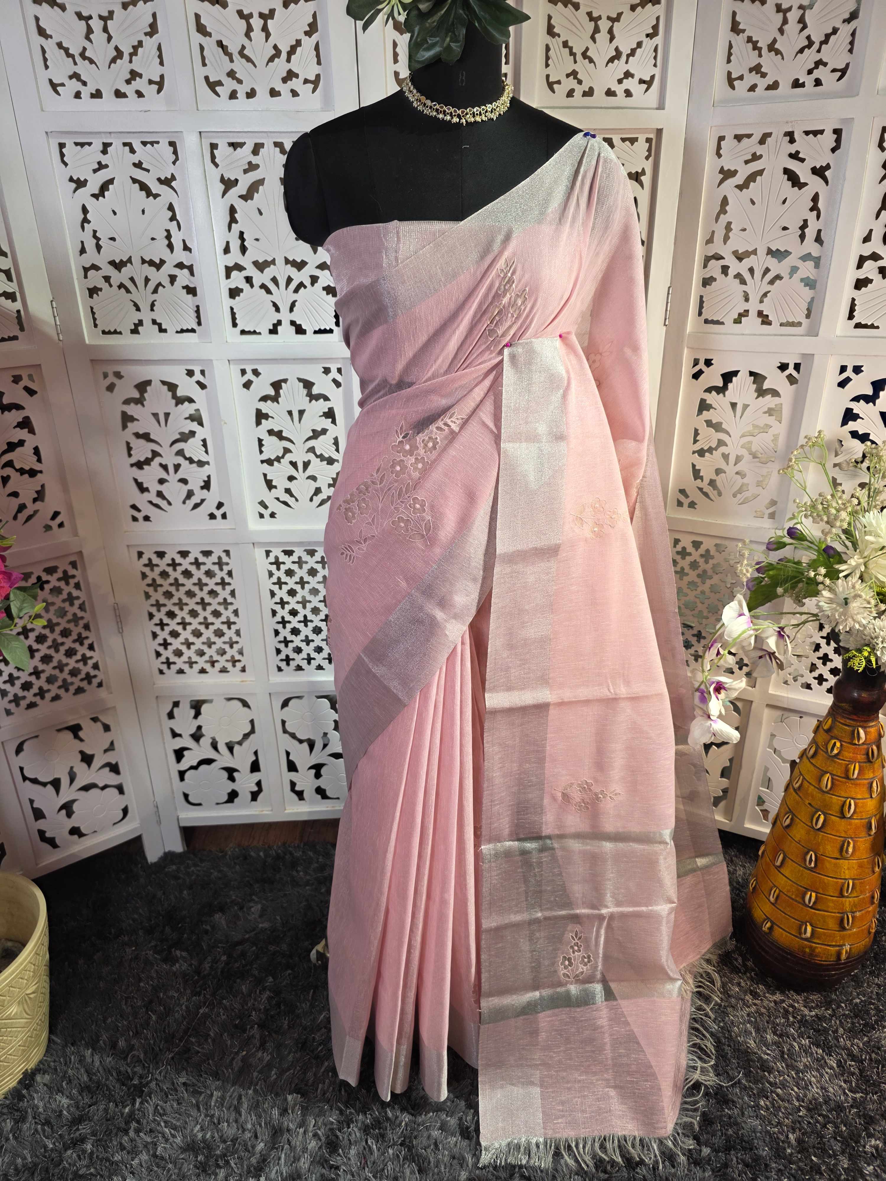 linen cotton zari border saree with organza floral applique work embroidery with silver cording work