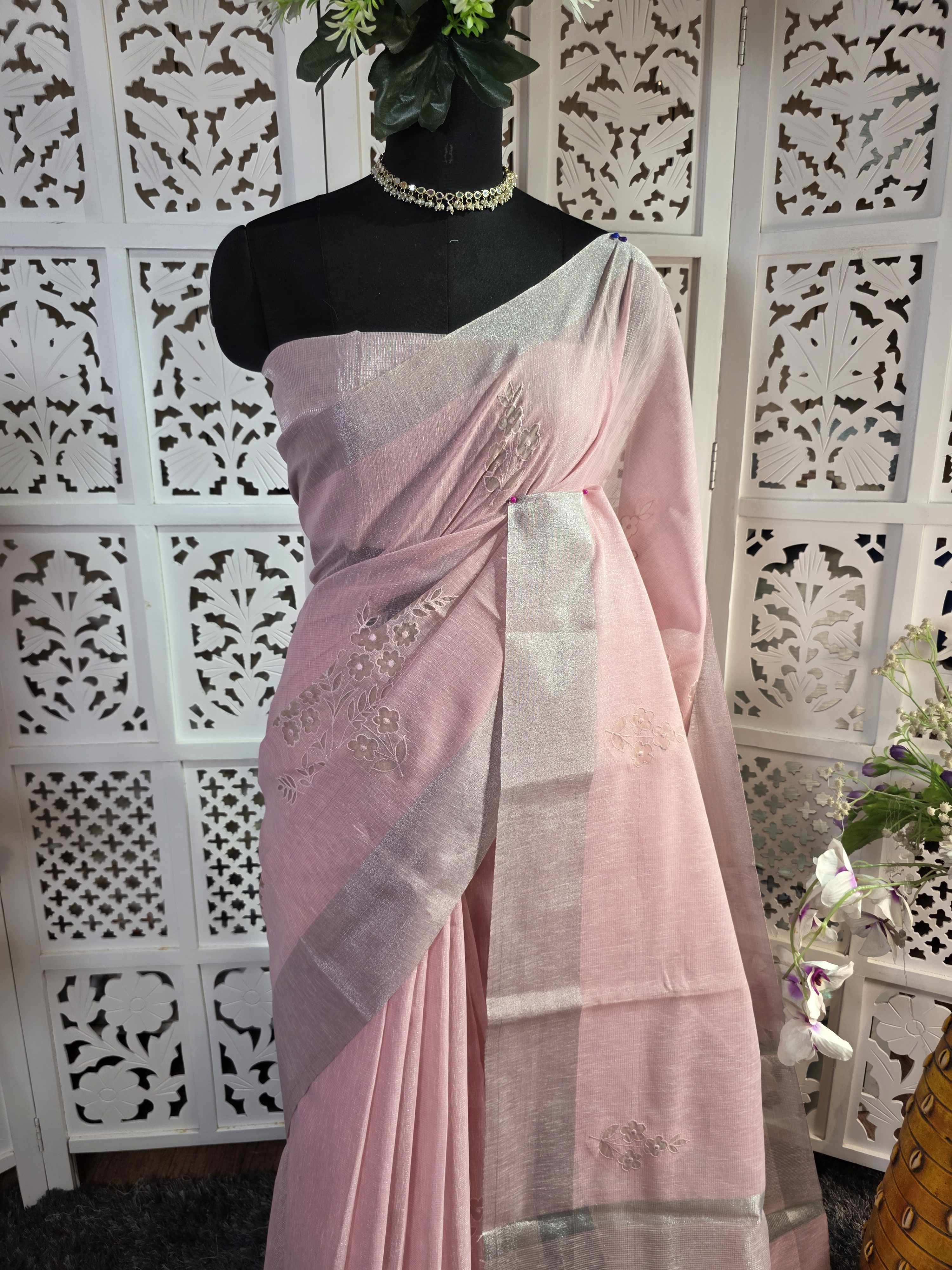 linen cotton zari border saree with organza floral applique work embroidery with silver cording work