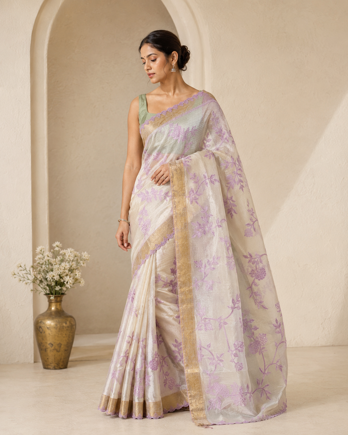 Organza saree featuring intricate chanderi appliqué work Bp Cotton zari boti
