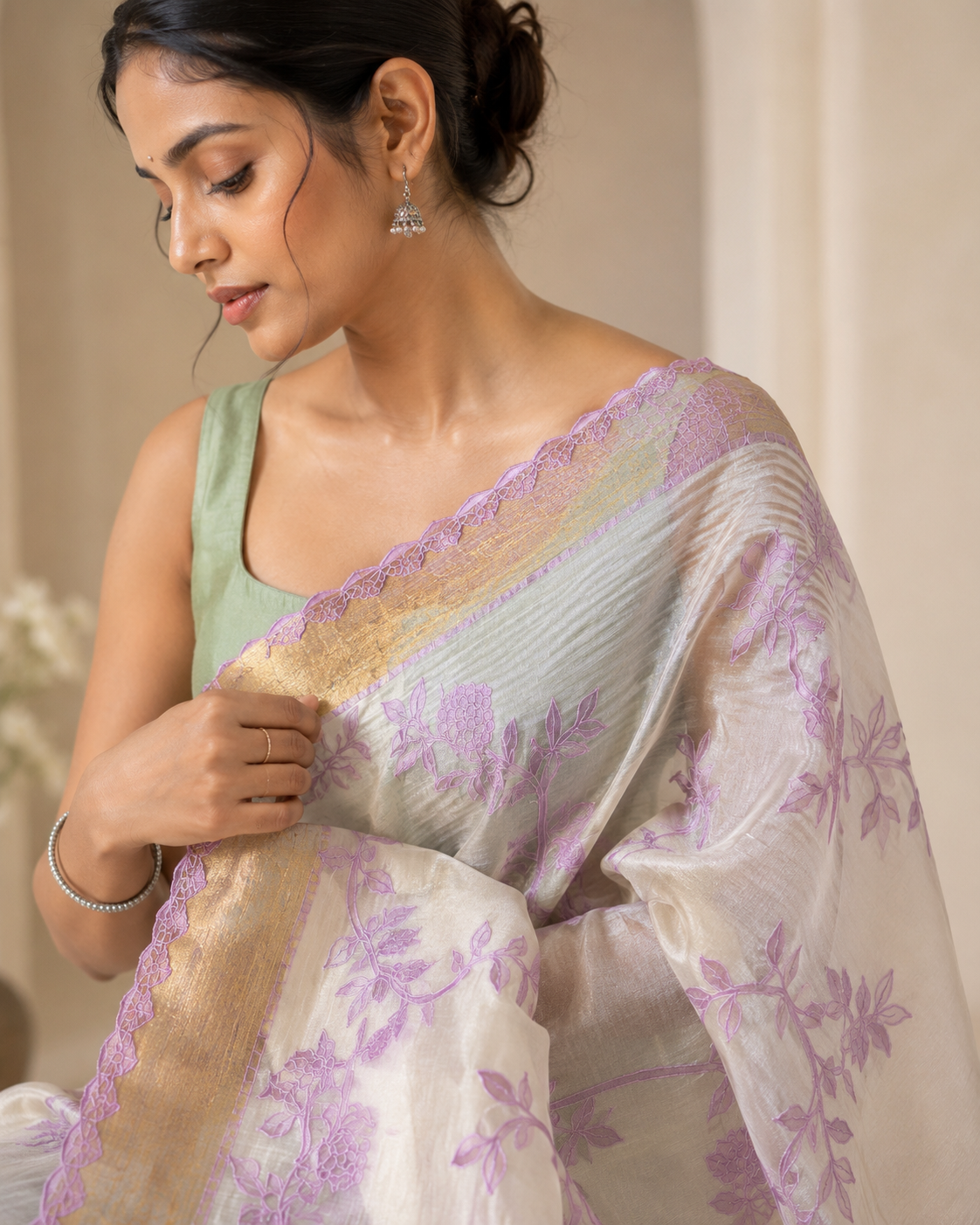 Organza saree featuring intricate chanderi appliqué work Bp Cotton zari boti
