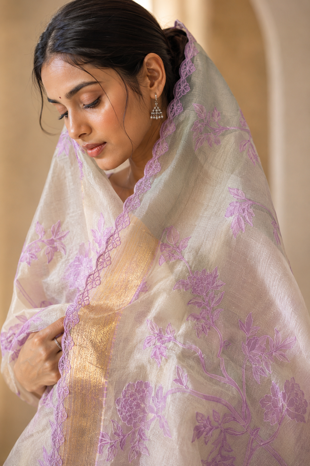 Organza saree featuring intricate chanderi appliqué work Bp Cotton zari boti