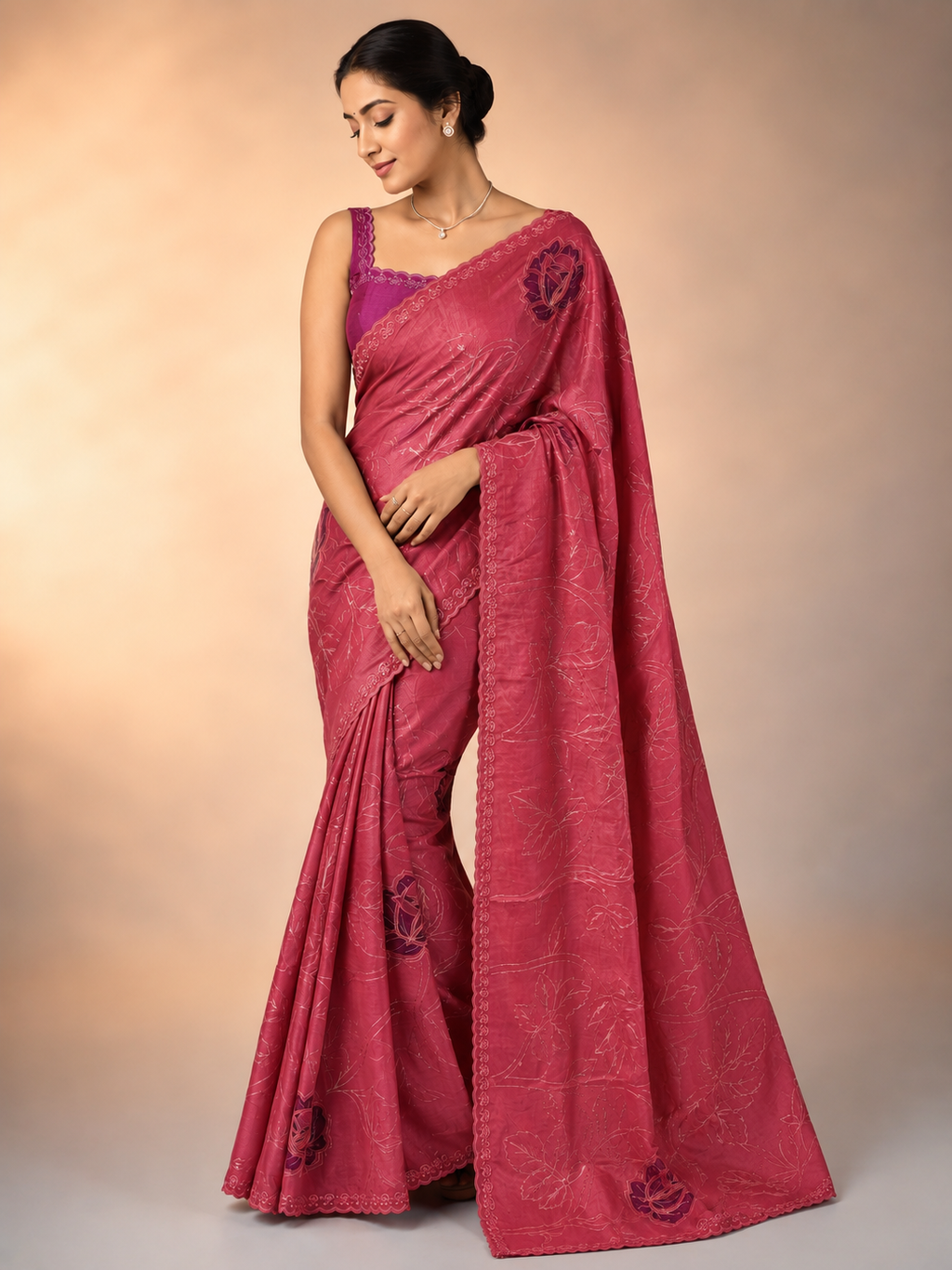 Pure tusser silk saree with applique work embroidery