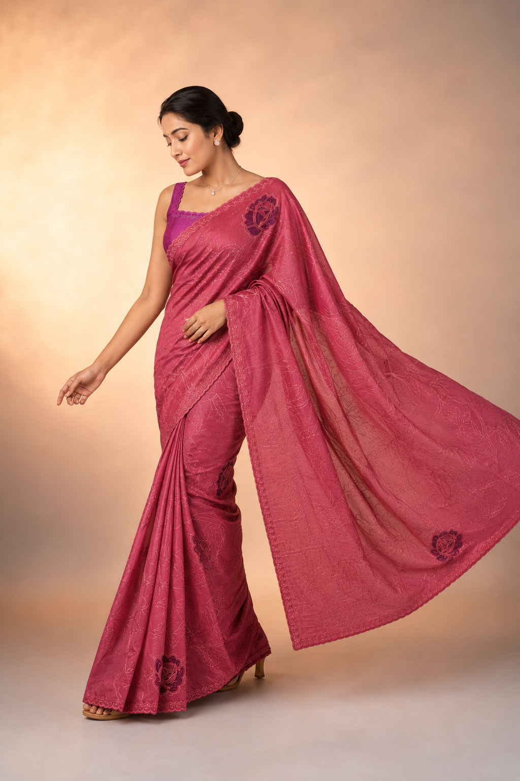 Pure tusser silk saree with applique work embroidery