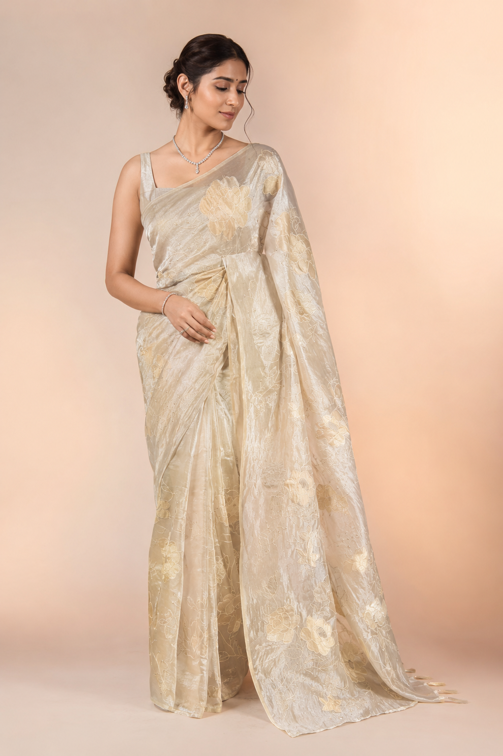 Pure tissue silk saree with beautiful applique work embroidery design