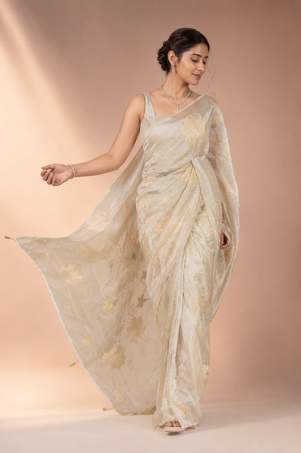 Pure tissue silk saree with beautiful applique work embroidery design