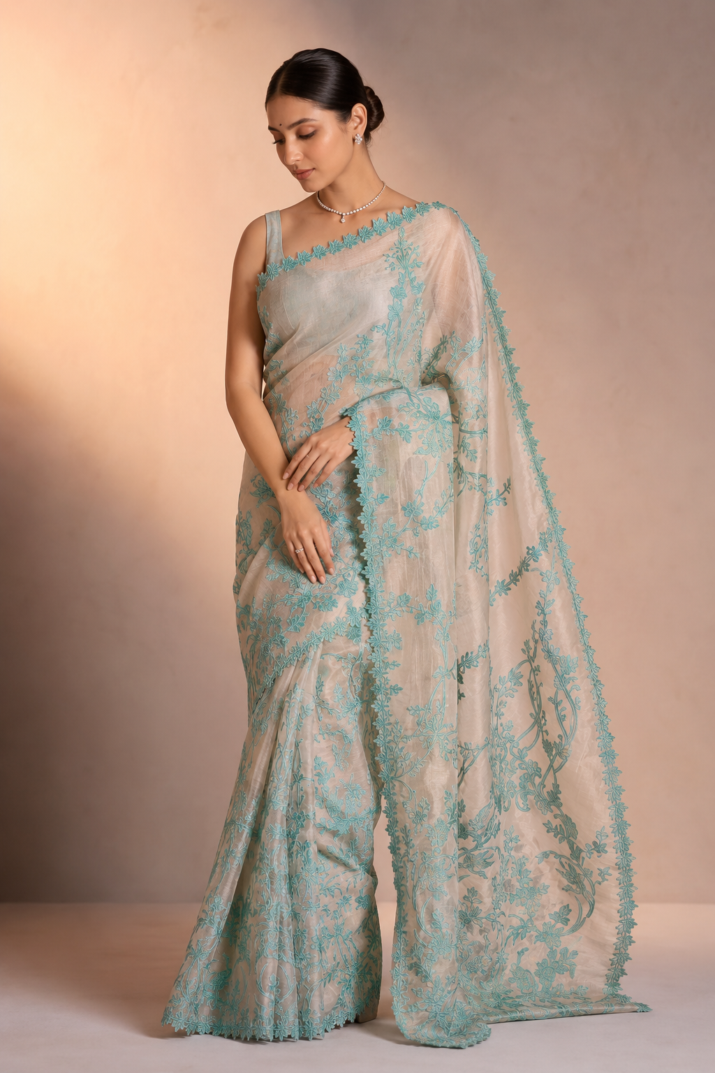 Organza saree featuring exquisite chanderi appliqué work