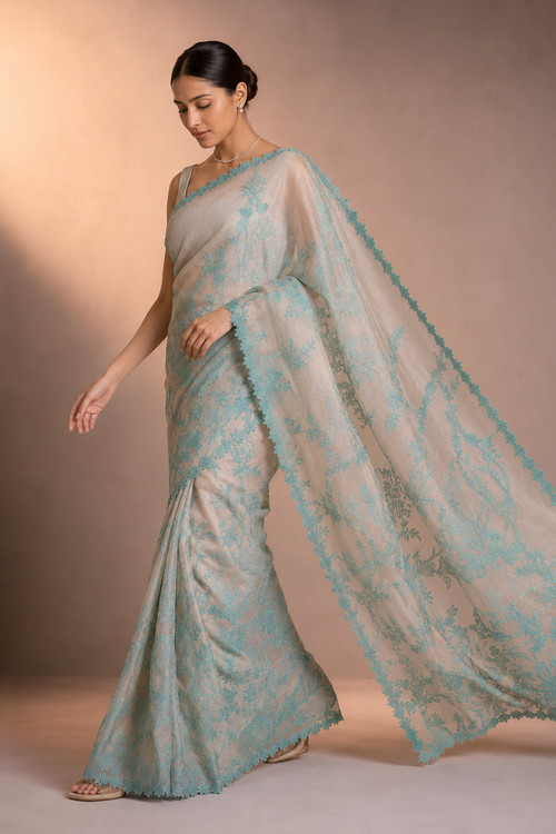 Organza saree featuring exquisite chanderi appliqué work