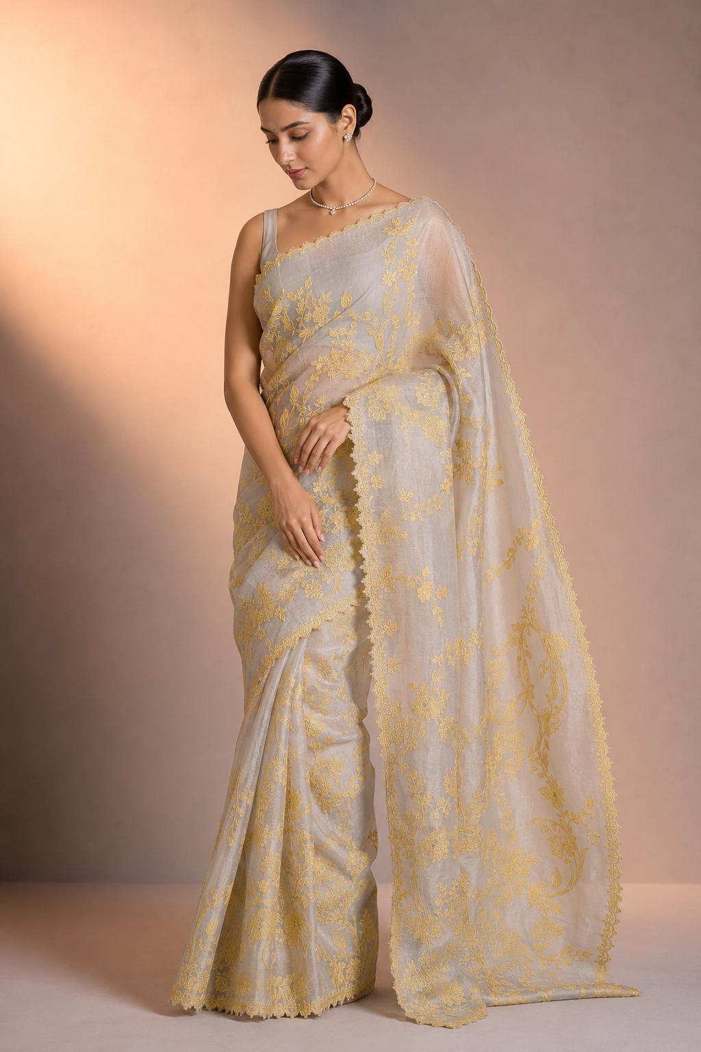 Organza saree with exquisite chanderi appliqué work