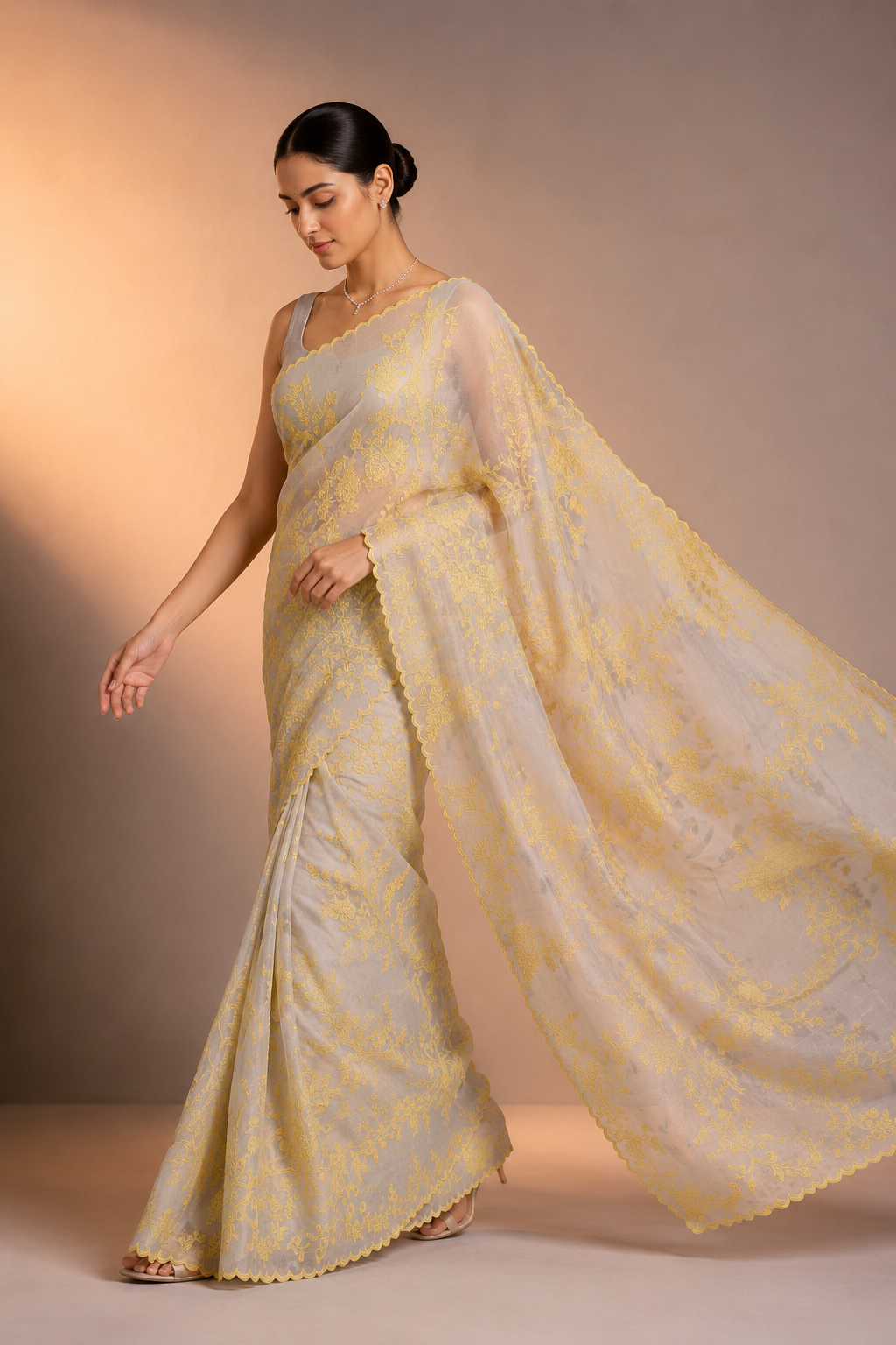 Organza saree with exquisite chanderi appliqué work
