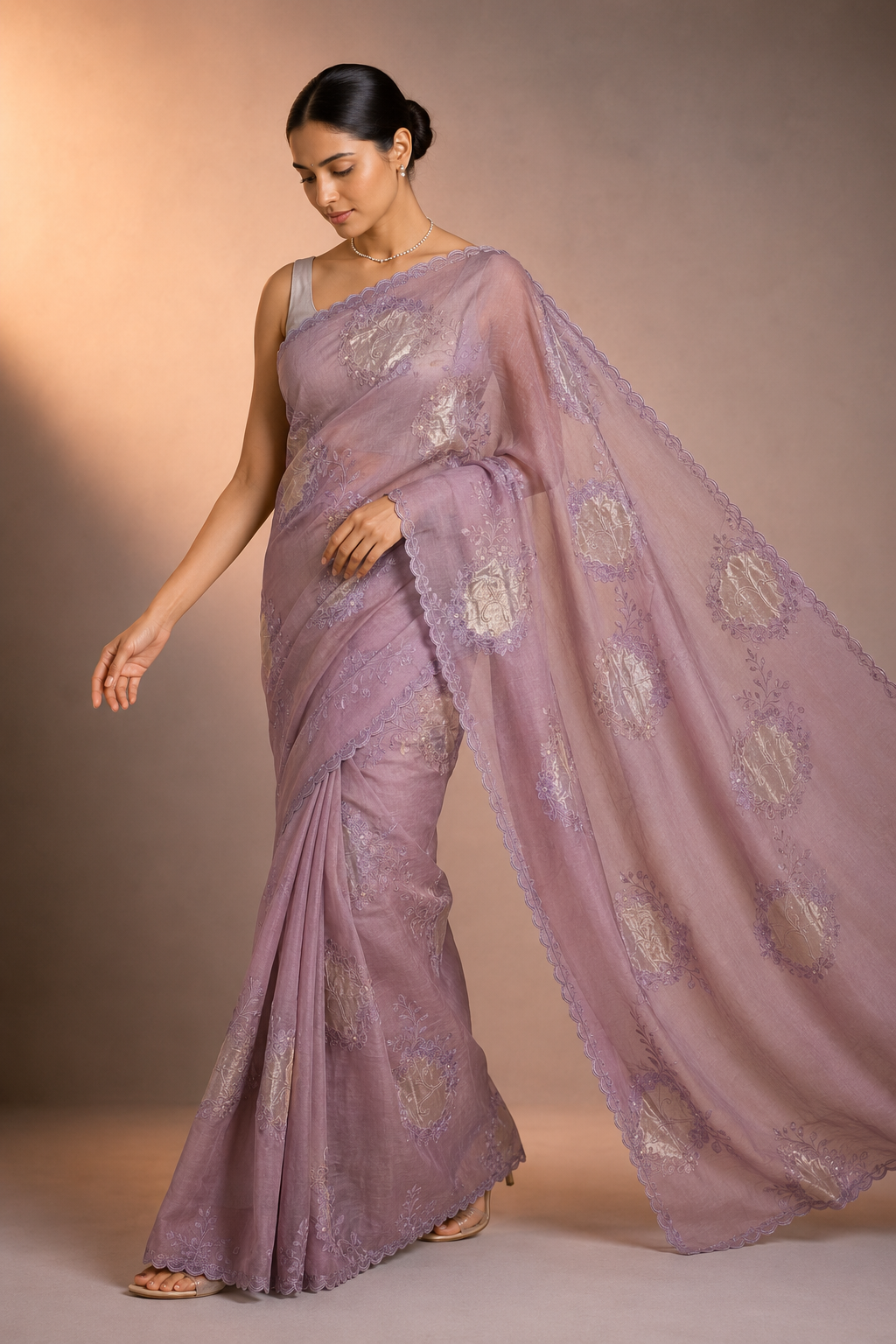 Organza saree tissue silver gold  appliqué zari coding work