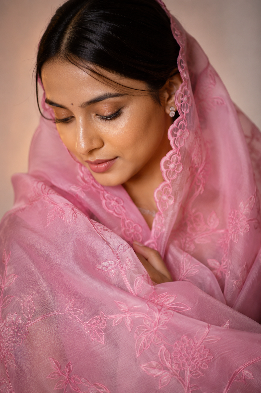 Organza saree featuring exquisite pure dopyan appliqué embroidery work.