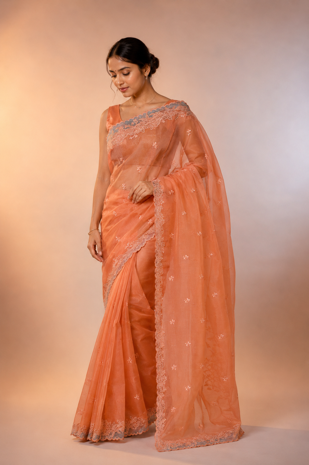 Organza saree crafted with exquisite silver and gold tissue appliqué work