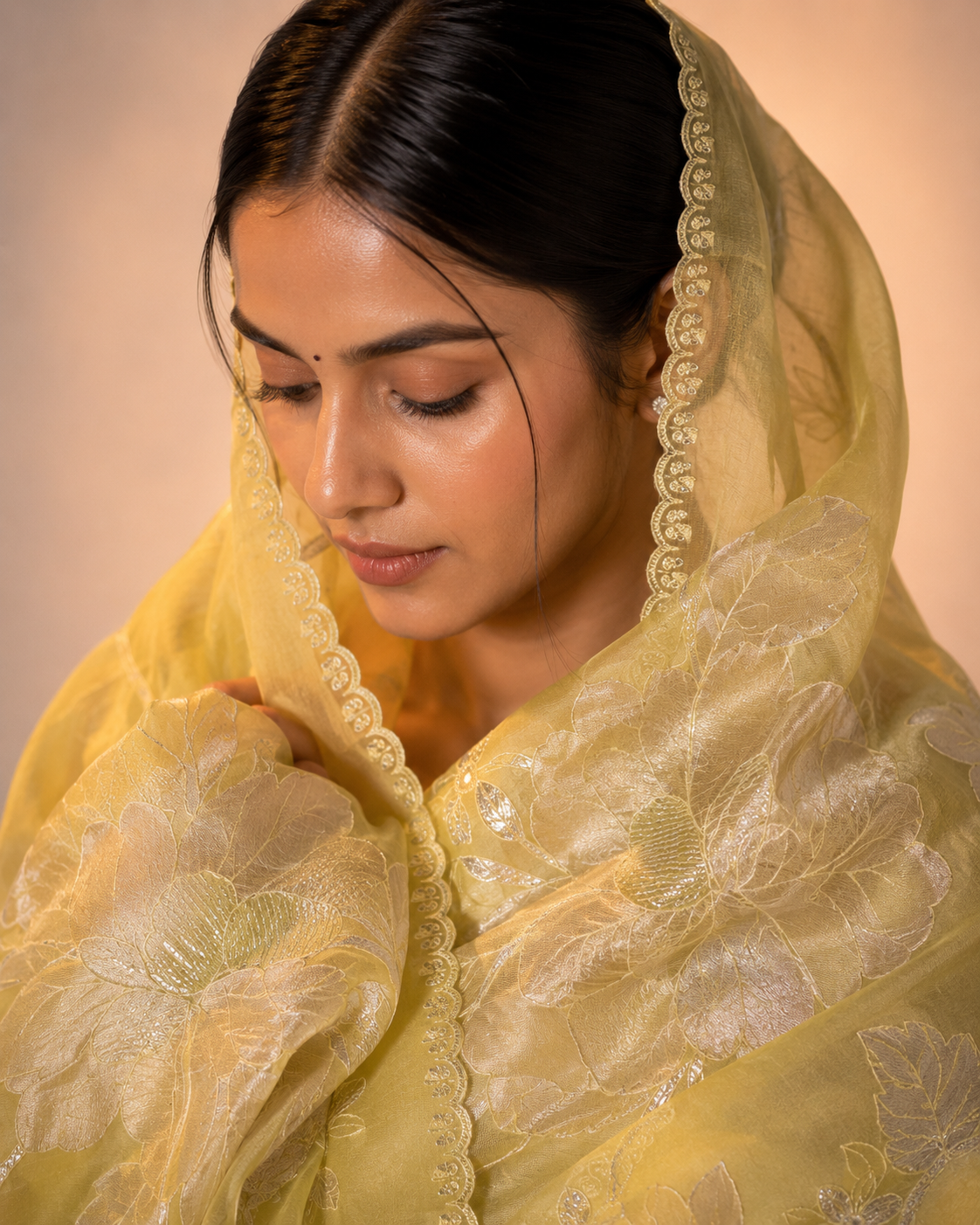 Organza tissue fabric adorned with intricate zari coding and delicate appliqué embroidery work.