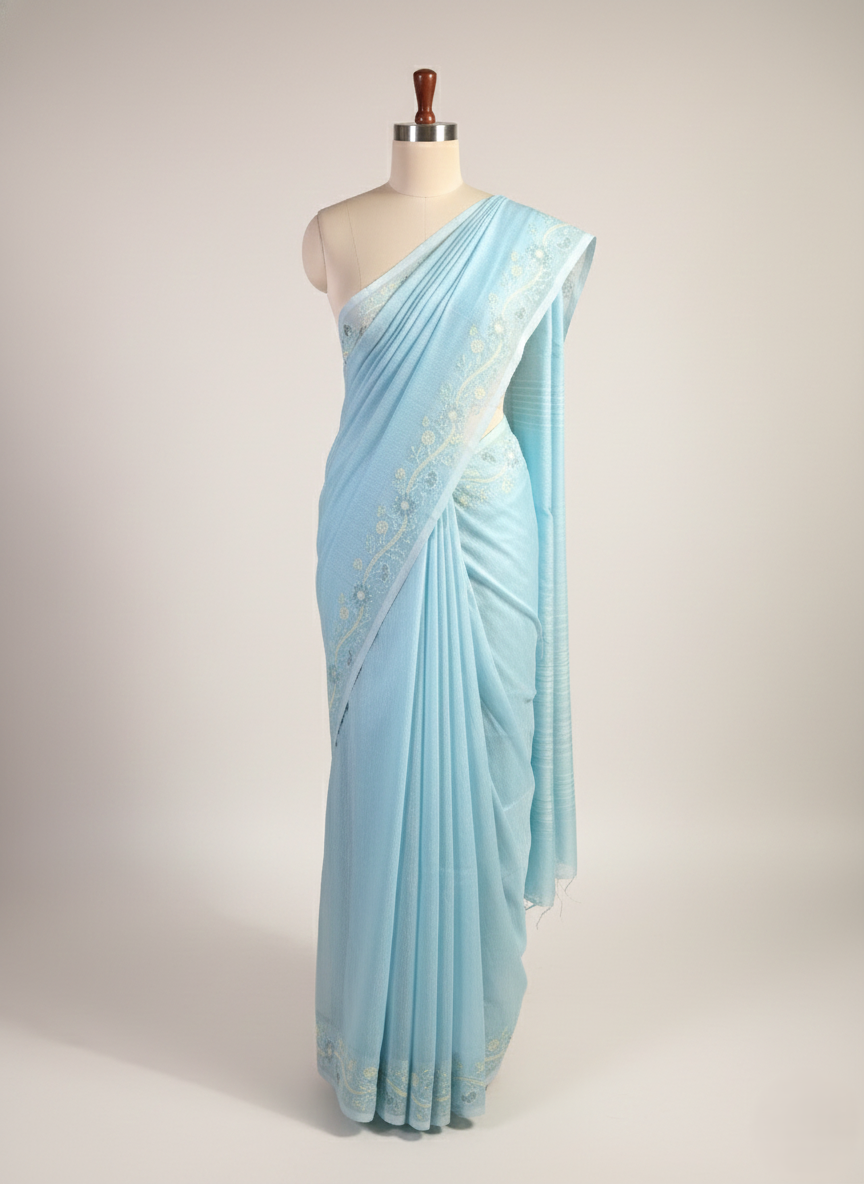 semi linen cotton saree with applique work embroidery with floral bel design border