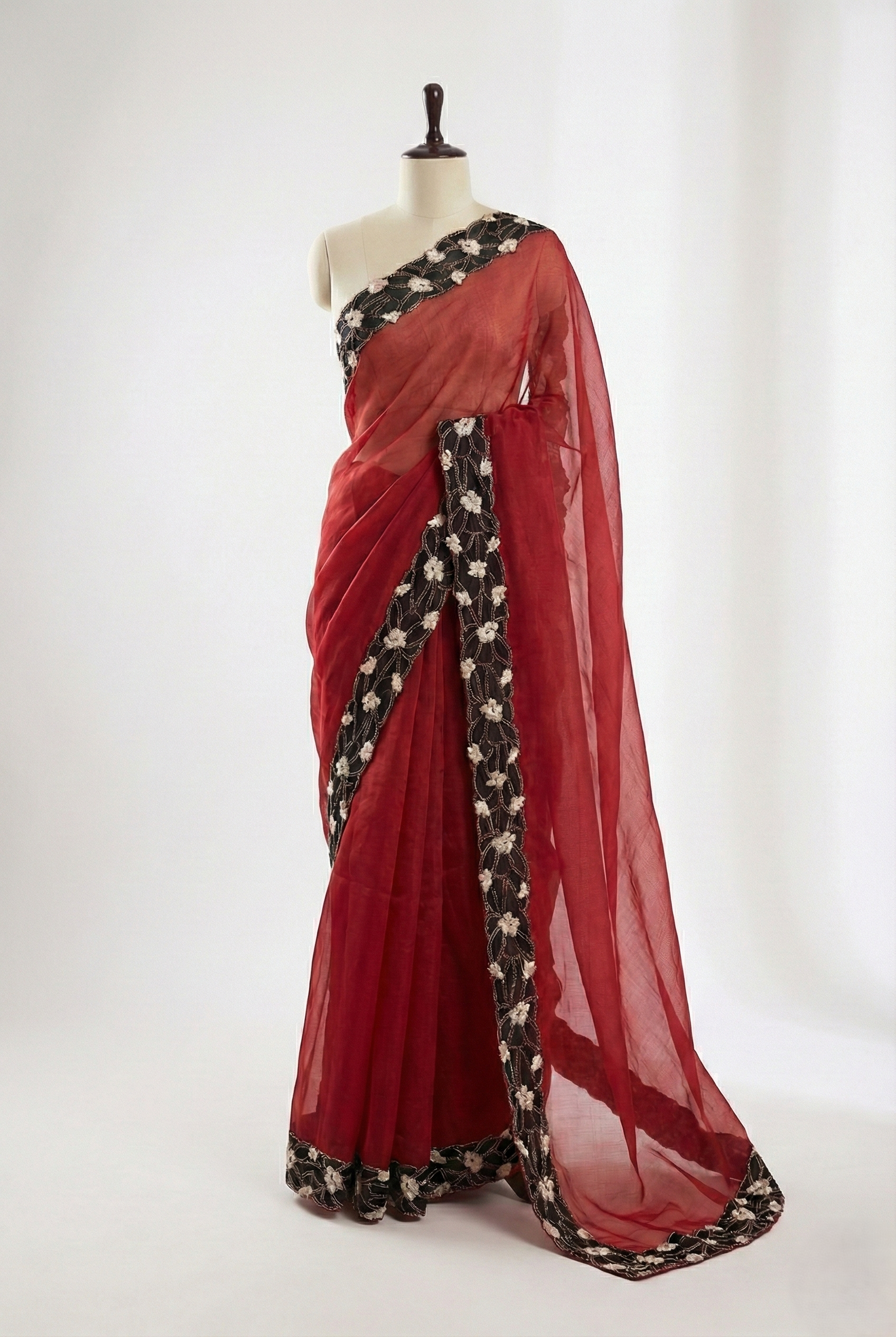Pure organza chiniya handcrafted contrast applique border with zari coding embroidery work saree