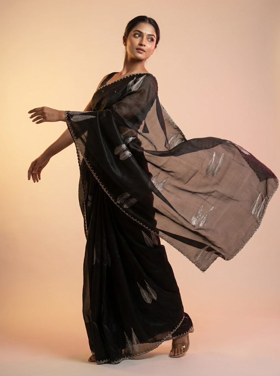 pure organza kora silk saree it has beautiful floral cutwork pypin border with beautiful leaf motif zari pitta thread embroidery