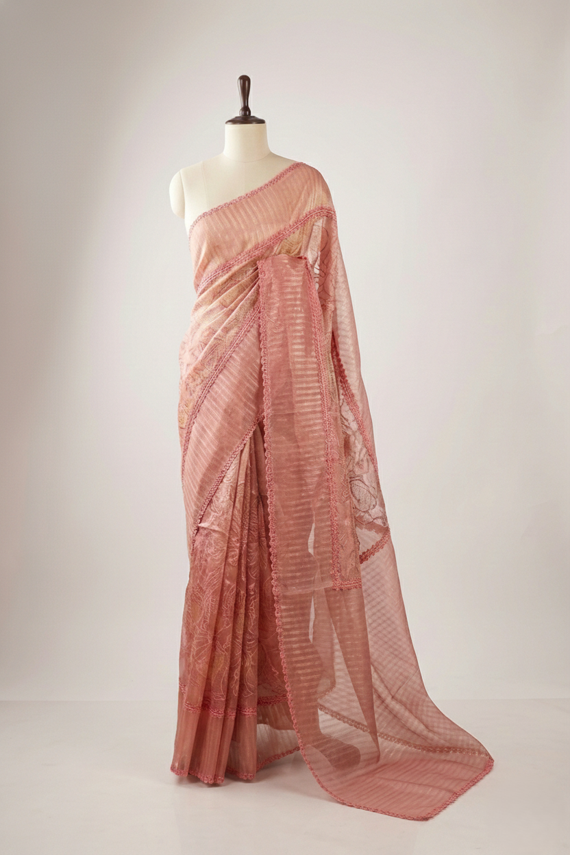 Pure handloom tissue zari striped designer cut pit pattern saree with beautiful resham embroidery jaal work nd pypin resham cutwork border