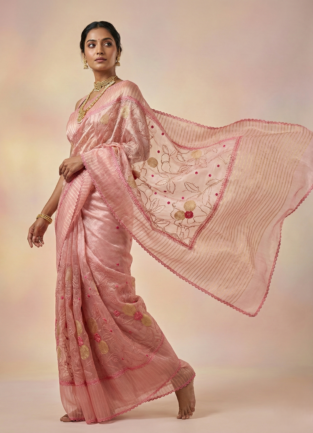 Pure handloom tissue zari striped designer cut pit pattern saree with beautiful resham embroidery jaal work nd pypin resham cutwork border