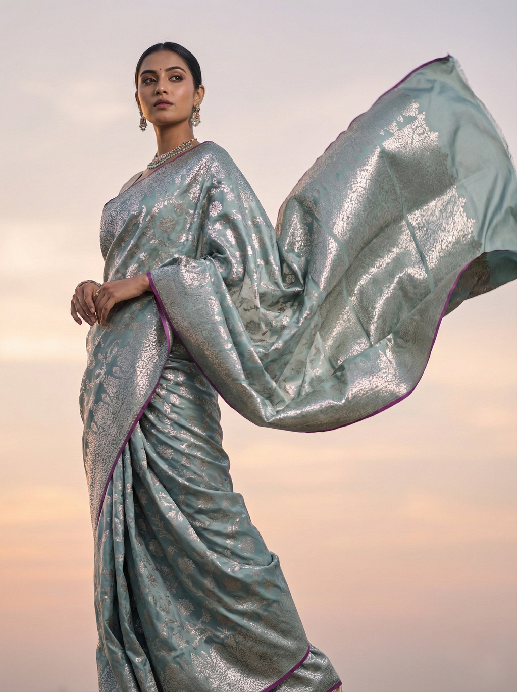 Banarasi mashroo silk saree with banarasi zari border pallu