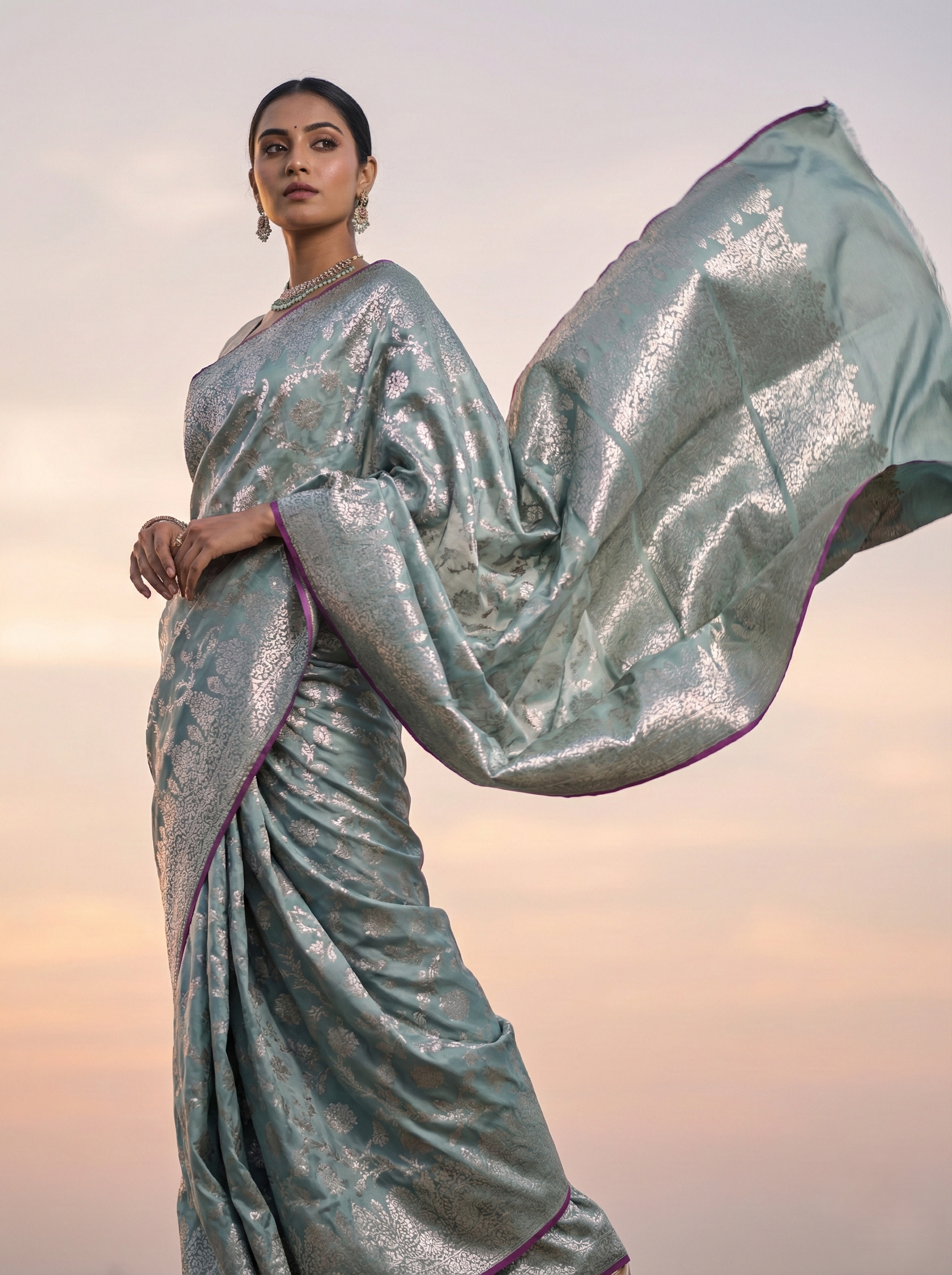 Banarasi mashroo silk saree with banarasi zari border pallu