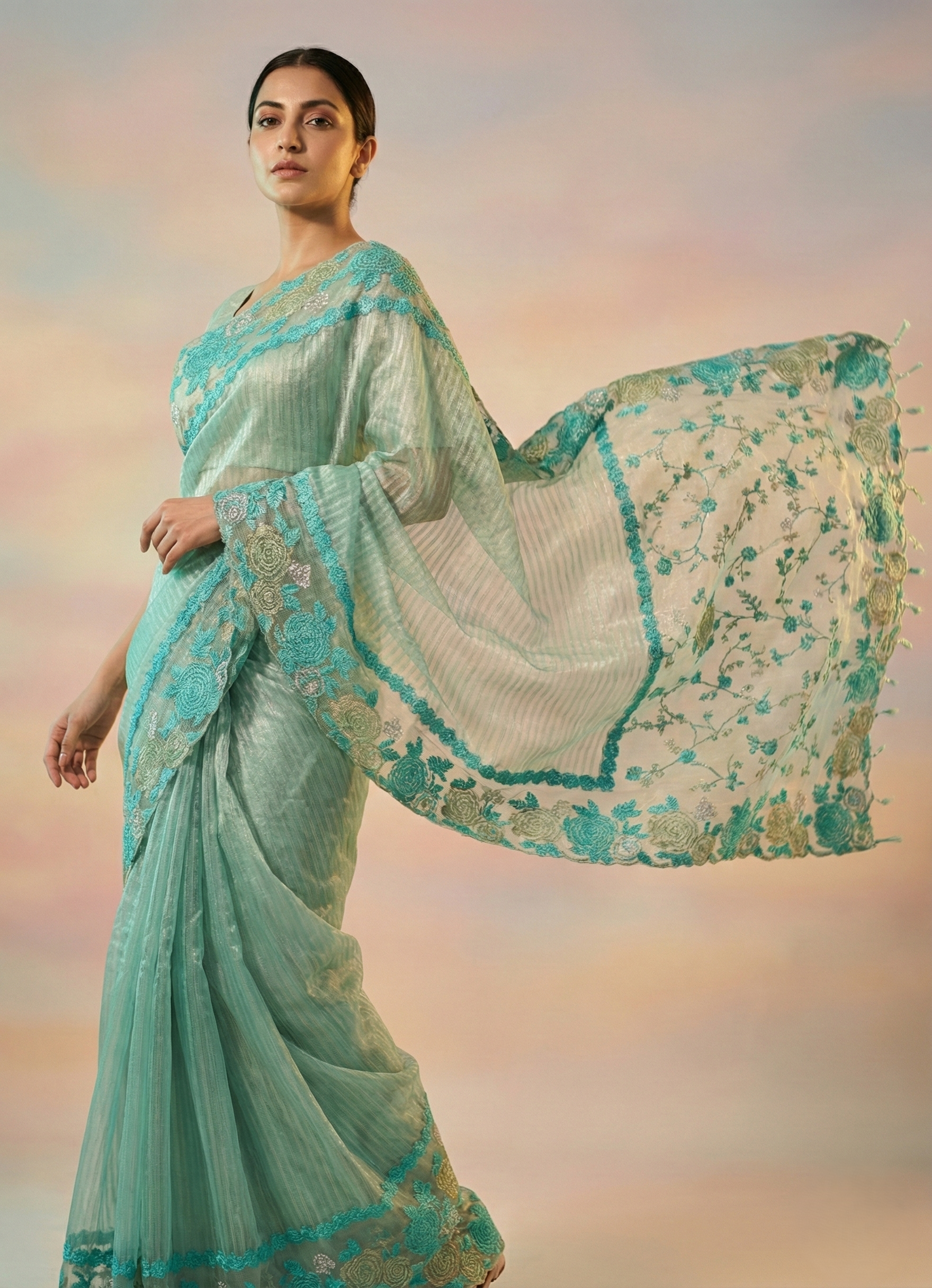 Pure handloom tissue zari striped designer cut pit pattern saree with beautiful resham embroidery jaal work nd pypin resham cutwork border