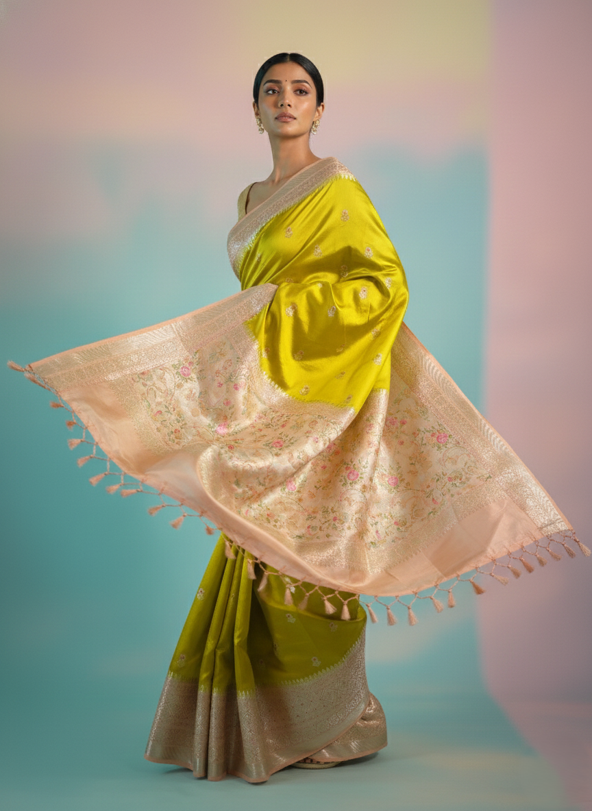 Satin puna silk pure banarasi border saree