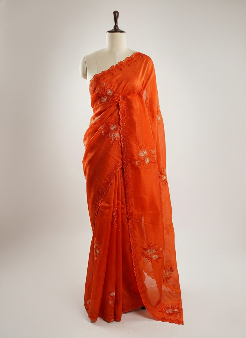 organza saree having with beautiful resham and zari thread coding pitta work embroidery with beautiful resham embroidered scalloped border allover the saree