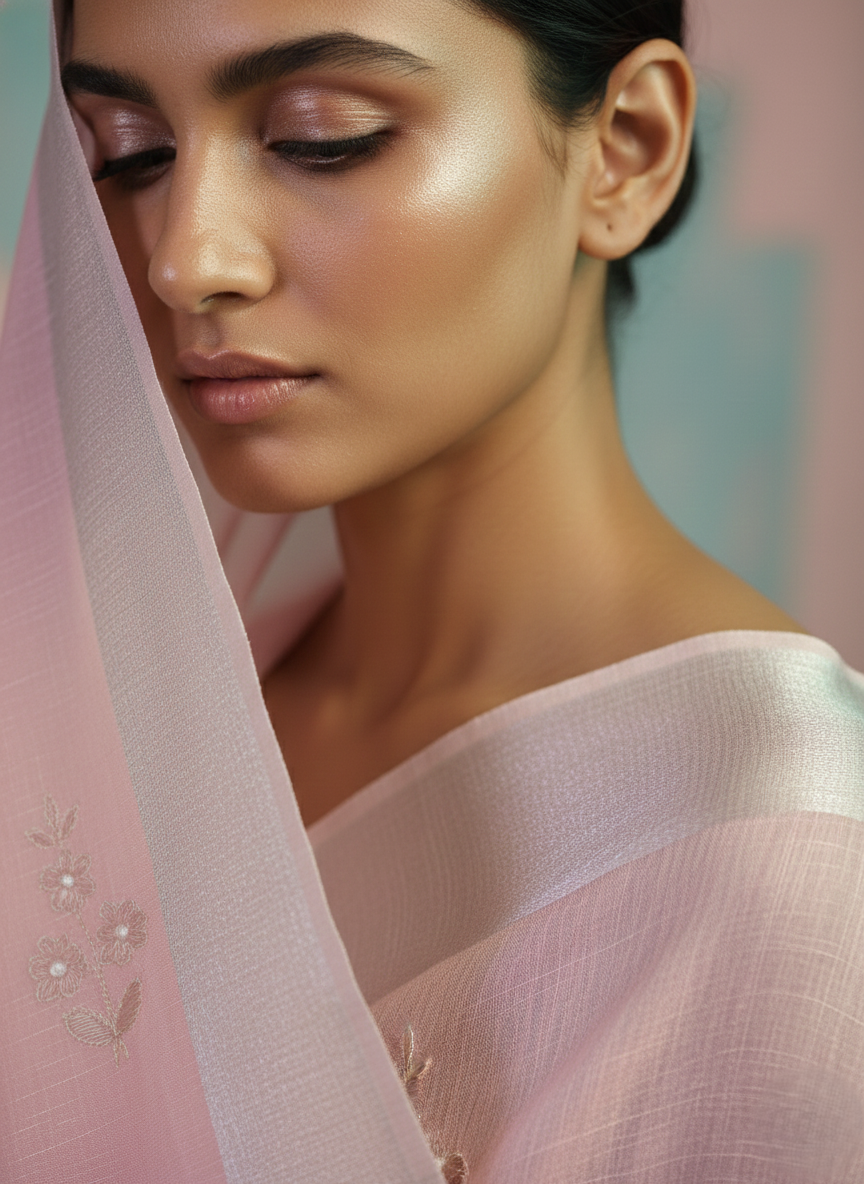 linen cotton zari border saree with organza floral applique work embroidery with silver cording work