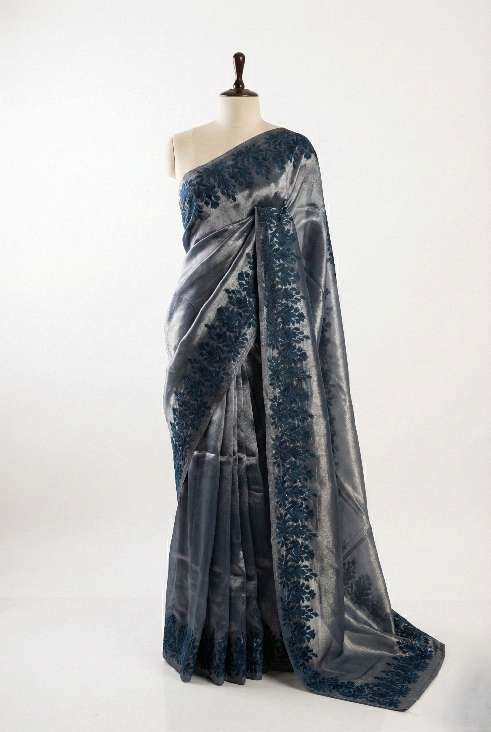 Pure tissue chiniya bodar handcrafted applique embroidery work saree