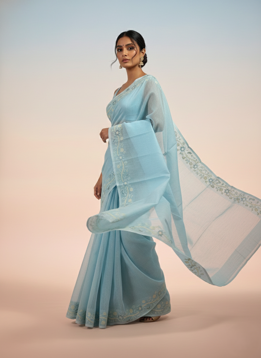 semi linen cotton saree with applique work embroidery with floral bel design border