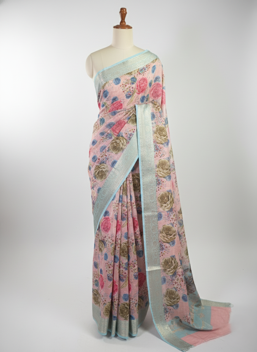 Musraise cotton digital printed banarasi border saree (art)