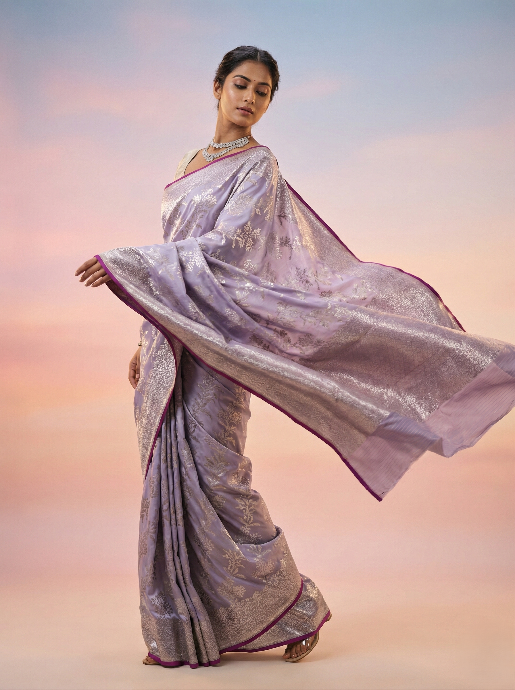 Banarasi satan zari pallu border with intricate jaal work floral weaving with contrast pypin border