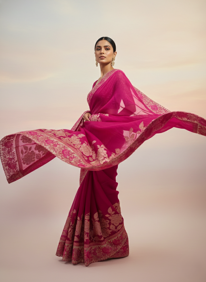 pure handloom handcrafted beautiful tissue jaal applique work embroidery with contrast beautiful designer floral detailing border