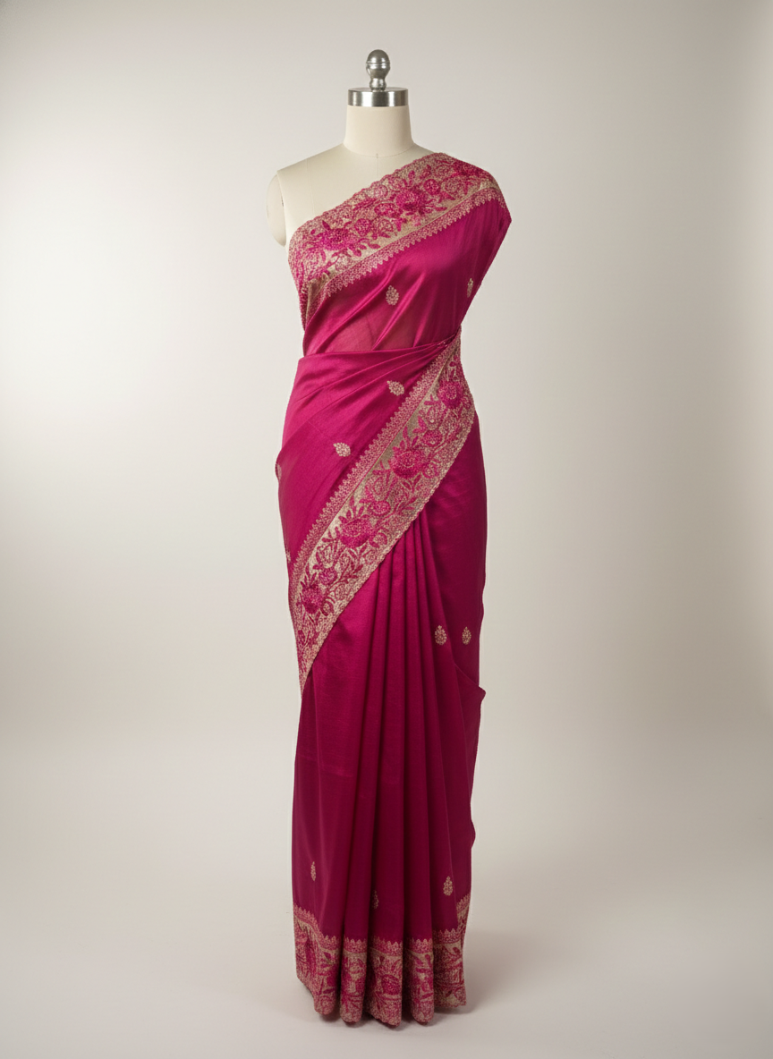 pure handloom handcrafted beautiful tissue jaal applique work embroidery with contrast beautiful designer floral detailing border