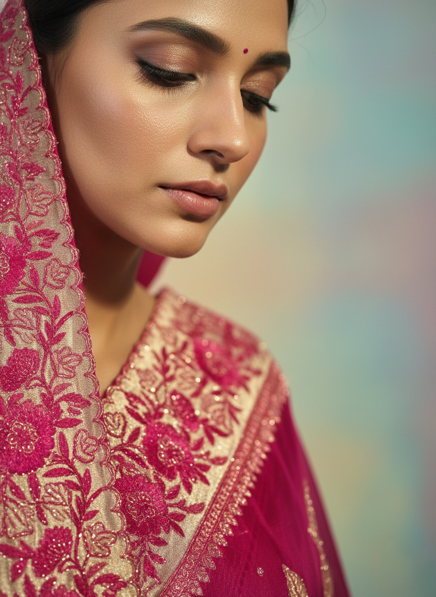 pure handloom handcrafted beautiful tissue jaal applique work embroidery with contrast beautiful designer floral detailing border