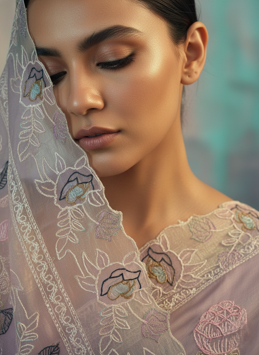 pure kora organza silk saree with beautiful multi resham thread work intricate imbroidery it has beautiful tissue applique and cutwork detailing along with this fully embroidered jaal work blouse
