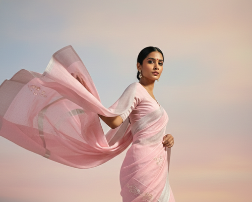 linen cotton zari border saree with organza floral applique work embroidery with silver cording work