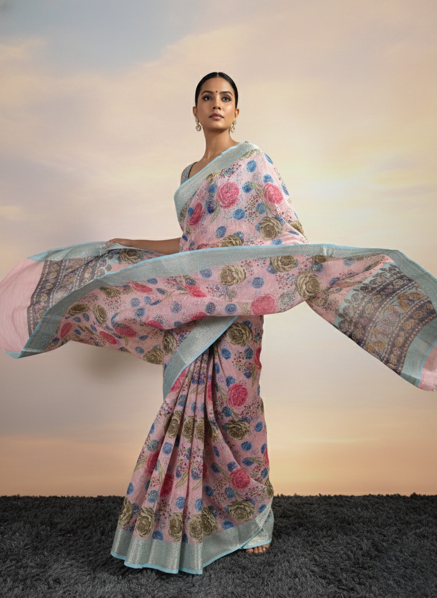 Musraise cotton digital printed banarasi border saree (art)