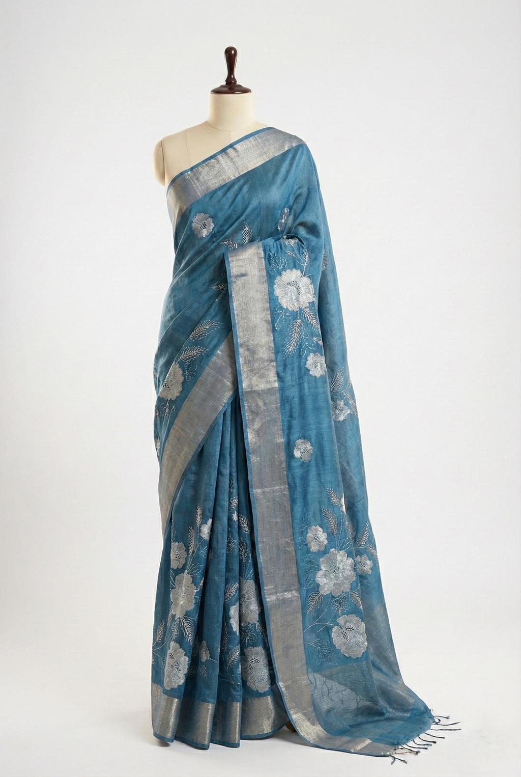 pure handloom tusser silk saree with beautiful tissue applique work and real zari thread embroidery detailing along with banarasi border