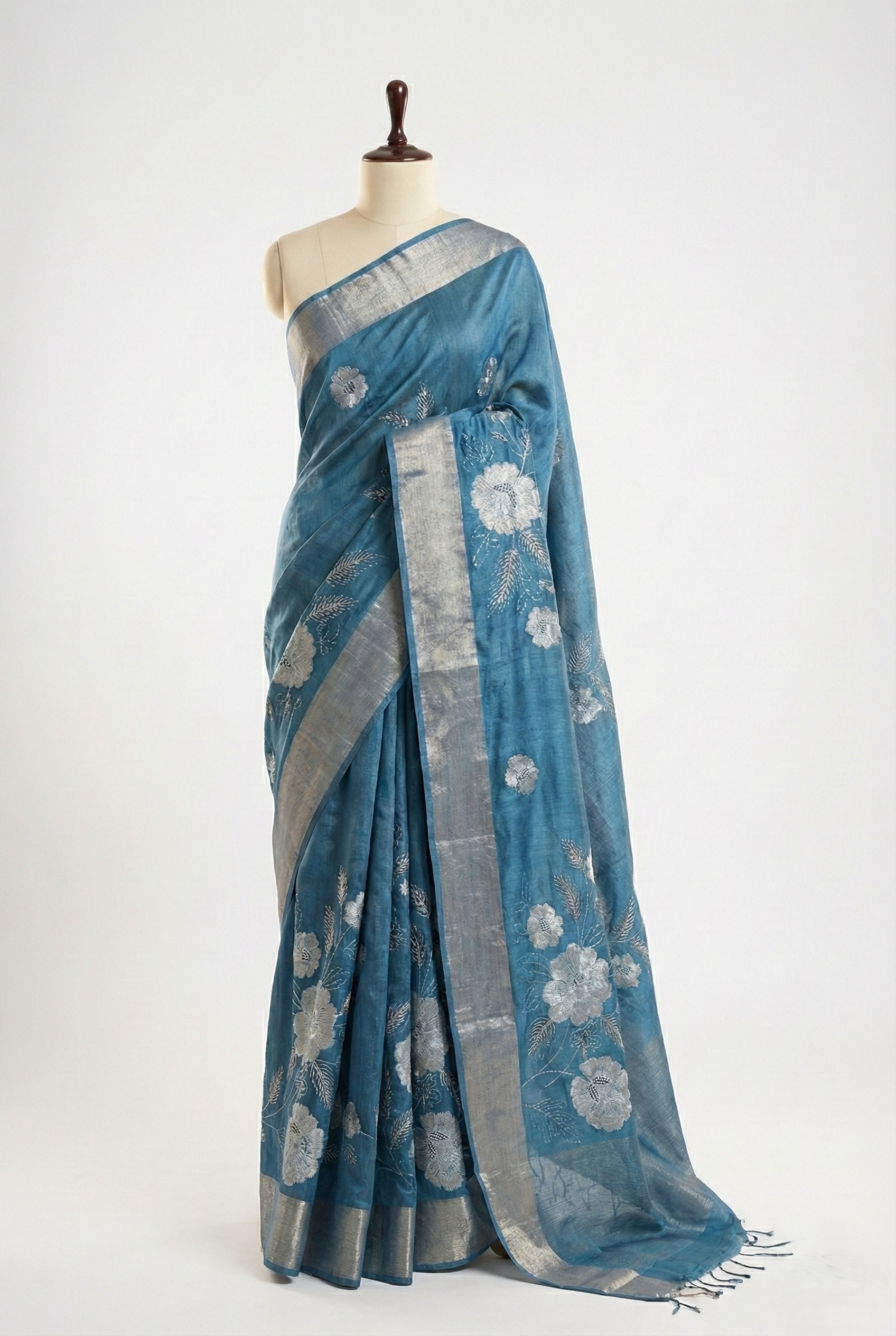 pure handloom tusser silk saree with beautiful tissue applique work and real zari thread embroidery detailing along with banarasi border