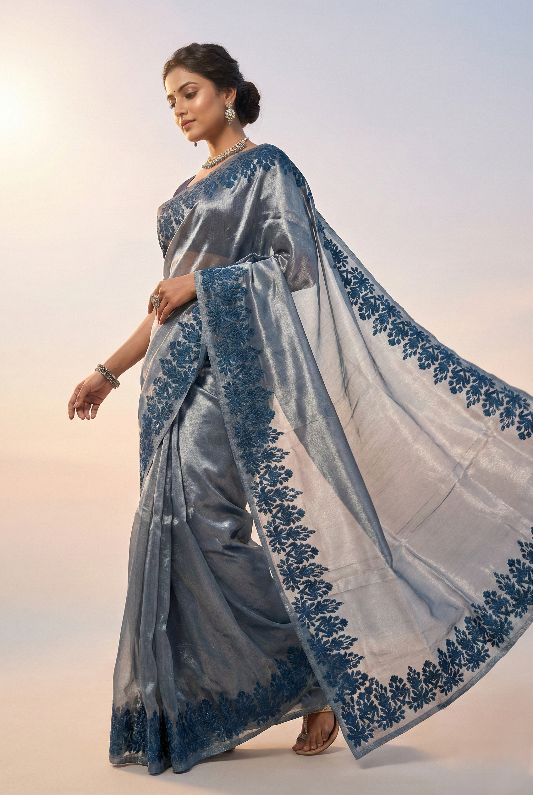 Pure tissue chiniya bodar handcrafted applique embroidery work saree