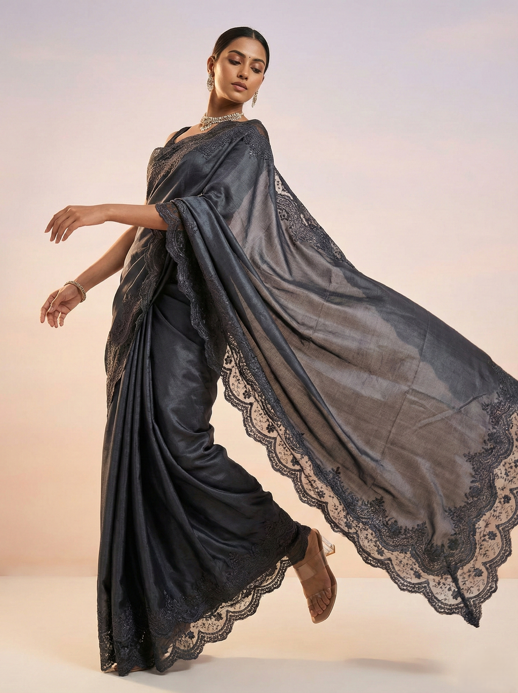 pure handloom tusser organza along with handcrafted applique work saree with beautiful wave cutwork design and resham jaal embroidered border saree