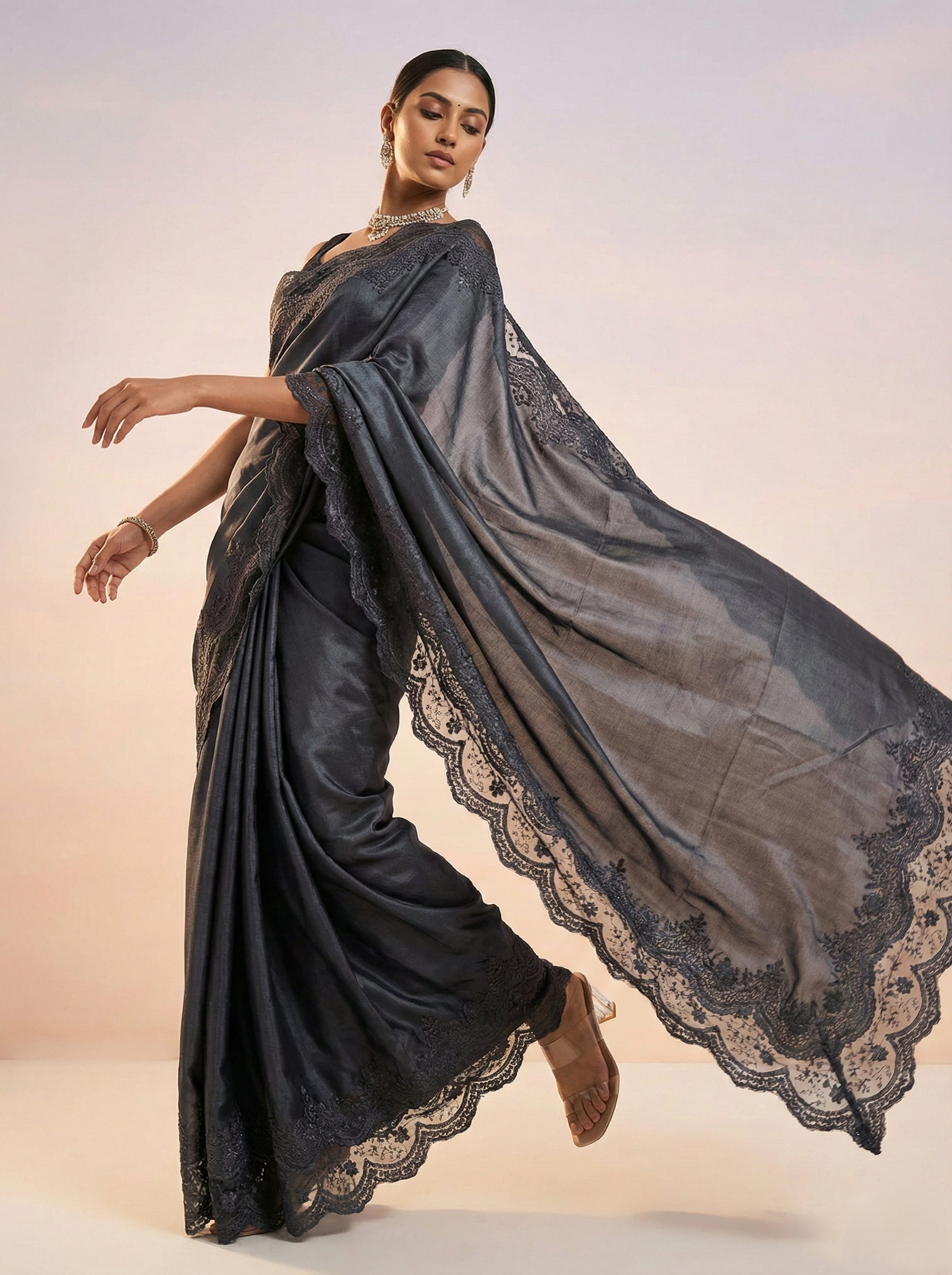 pure handloom tusser organza along with handcrafted applique work saree with beautiful wave cutwork design and resham jaal embroidered border saree