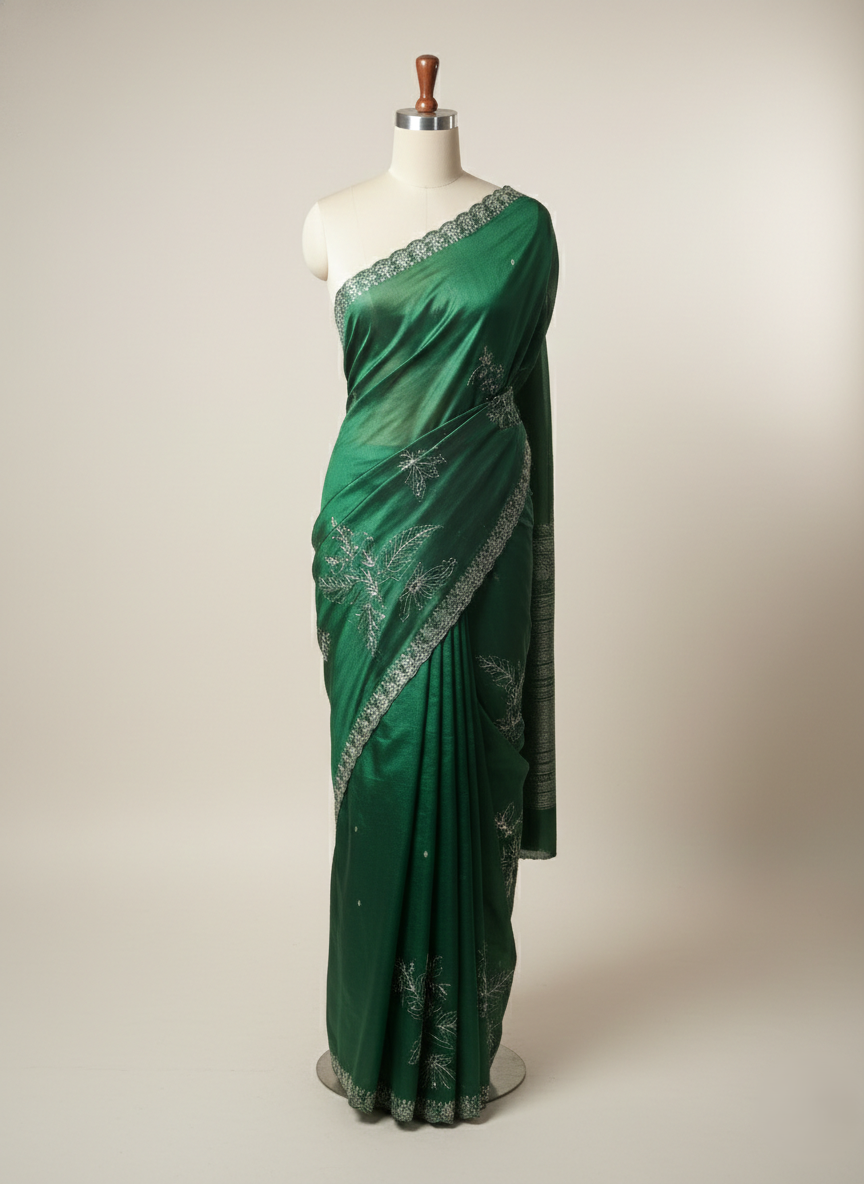 organza saree having with beautiful resham and zari thread coding pitta work embroidery with beautiful resham embroidered scalloped border allover the saree