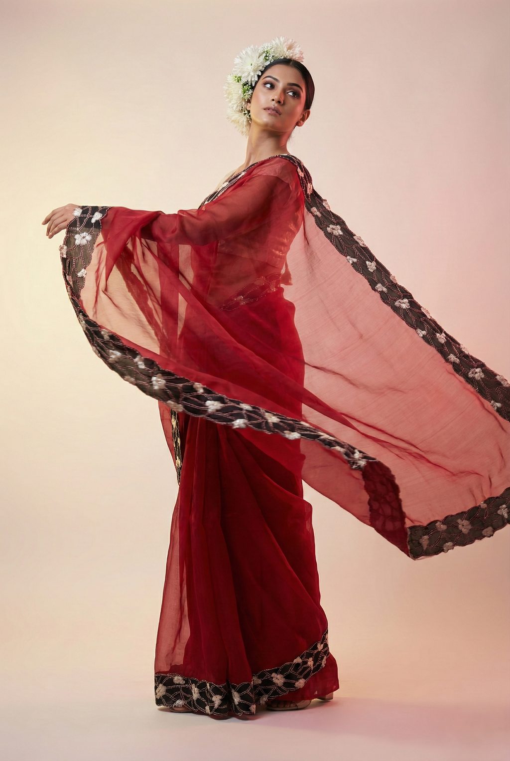 Pure organza chiniya handcrafted contrast applique border with zari coding embroidery work saree