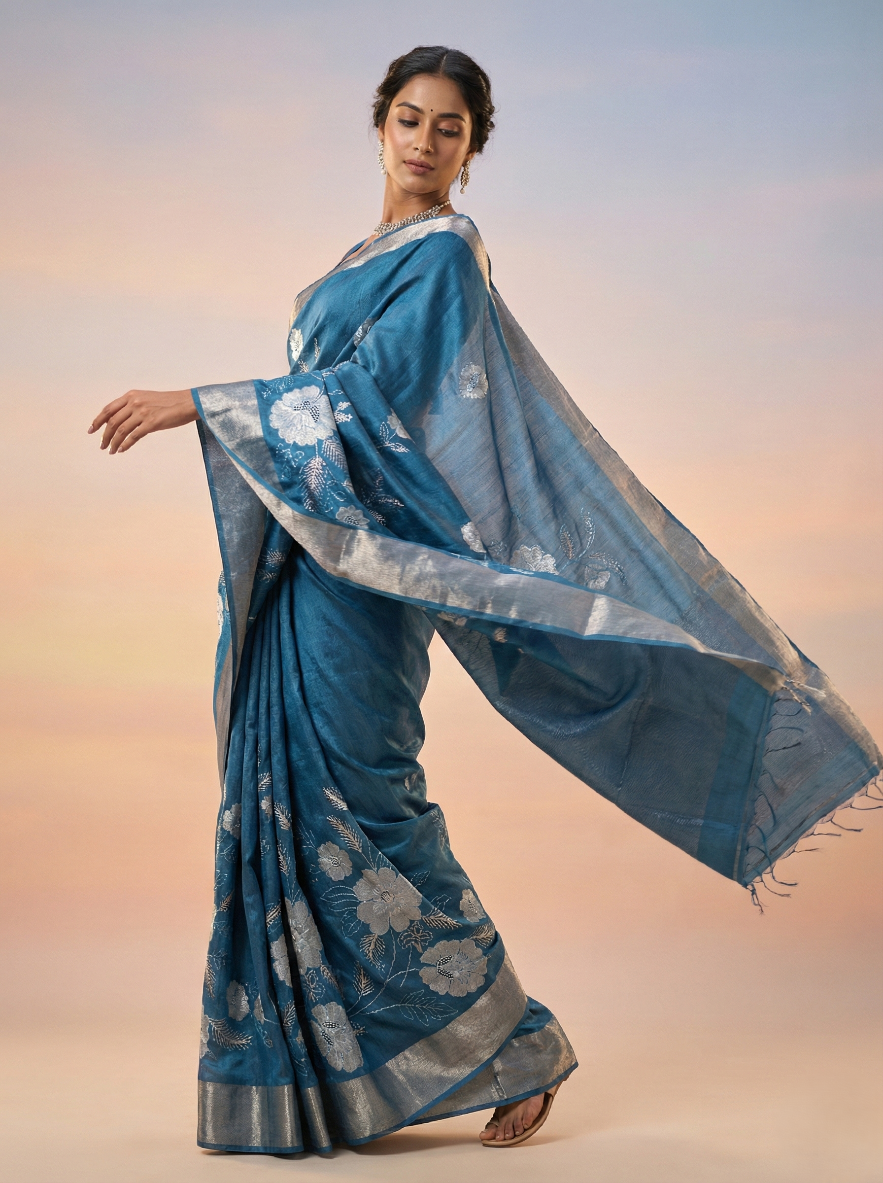 pure handloom tusser silk saree with beautiful tissue applique work and real zari thread embroidery detailing along with banarasi border